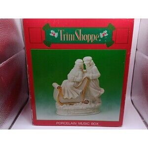 Christmas Sleigh Music Box Trim Shoppe Porcelain Figurine Alabaster Gold White